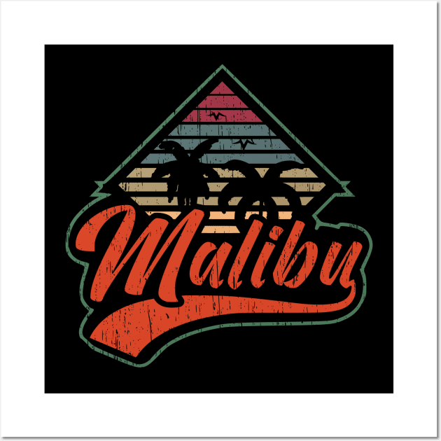 Malibu beach palm tree sunset vintage retro logo emblem Wall Art by SpaceWiz95